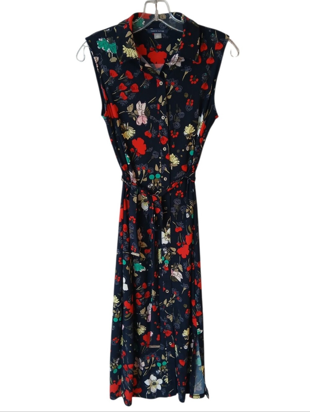 Tommy Hilfiger Navy Blue Floral Midi Shirt Dress Size 4 - Picture 2 of 6